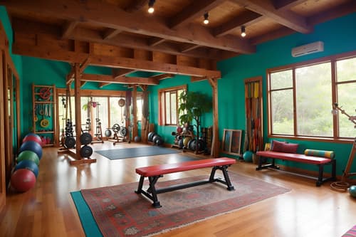 Photo from Pinterest of Bohemian-style interior designed (gym) home interior With crosstrainer and squat rack and exercise bicycle and bench press and dumbbell stand and crosstrainer. . With bold colors and playful colors and woods and mixed patterns and playful textures and travel trinkets and natural materials and a lack of structure. . Cinematic photo, highly detailed, cinematic lighting, ultra-detailed, ultrarealistic, photorealism, 8k. Trending on Pinterest. Bohemian interior design style