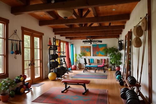 Photo from Pinterest of Bohemian-style interior designed (gym) home interior With crosstrainer and squat rack and exercise bicycle and bench press and dumbbell stand and crosstrainer. . With bold colors and playful colors and woods and mixed patterns and playful textures and travel trinkets and natural materials and a lack of structure. . Cinematic photo, highly detailed, cinematic lighting, ultra-detailed, ultrarealistic, photorealism, 8k. Trending on Pinterest. Bohemian interior design style